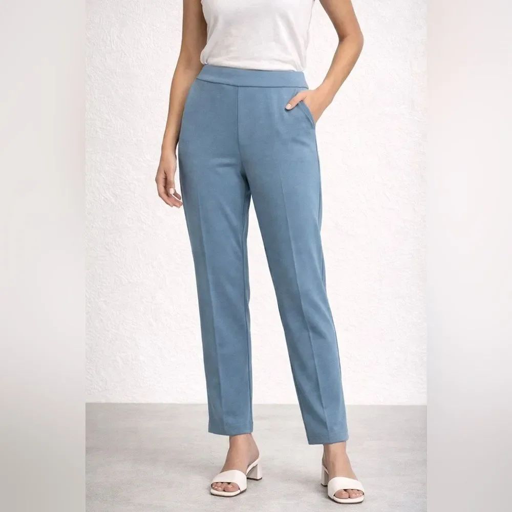 Elie Tahari Blue Pull On Straight Leg Pants Stretch Knit Comfort Fit Size M